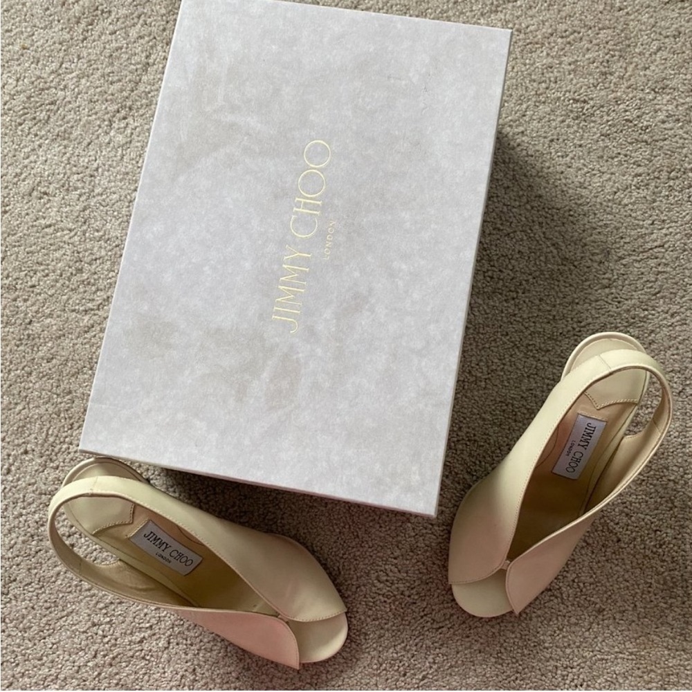 Jimmy Choo Shar Peep Toe Leather Slingback Pumps Stiletto Heel Natural Linen - Picture 8 of 8